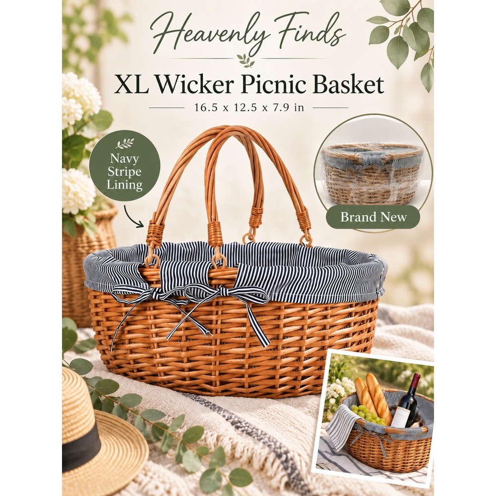 Brown XL Wicker Picnic Basket Gray Stripe Removable Liner Cottagecore New